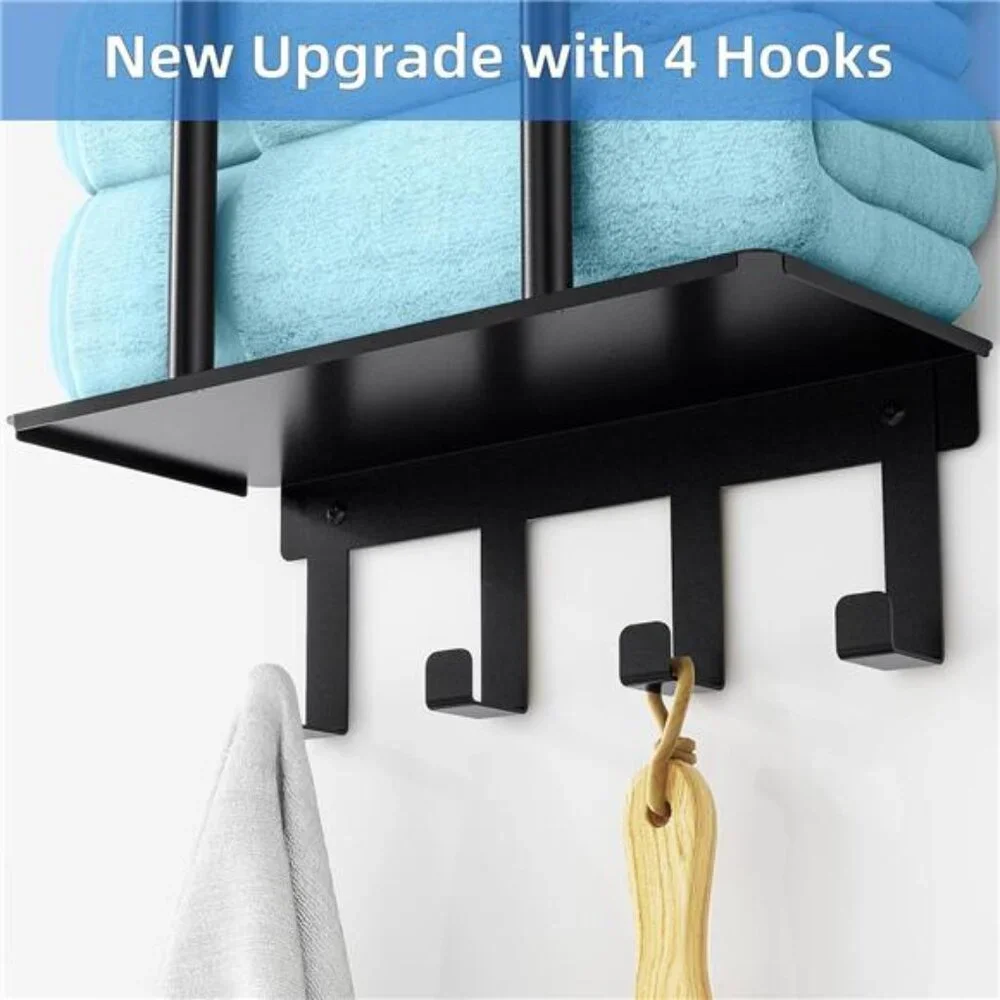 Bathroom Towel Rack w/ Shelf, 3 Tier Towel Storage Rack  Wall Mounted w/ 4 Hooks
